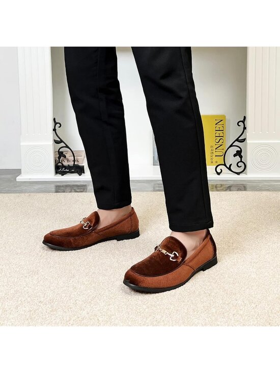 LCQL Men\'s Brown Leather Velvet Loafer Gold Buckle Slip On Comfortable Shoes main image 5